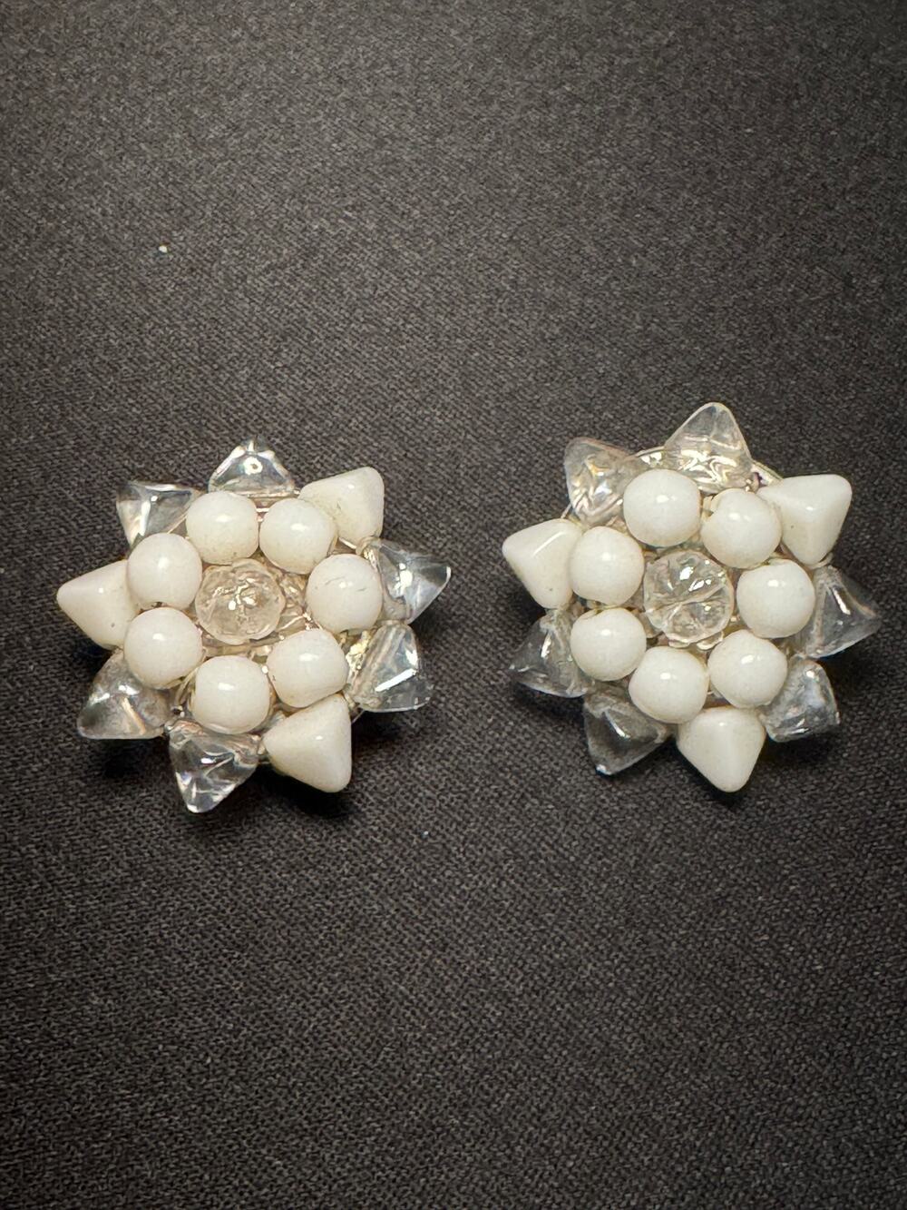 Vintage Germany Milk & Clear Glass Clip On Earrings